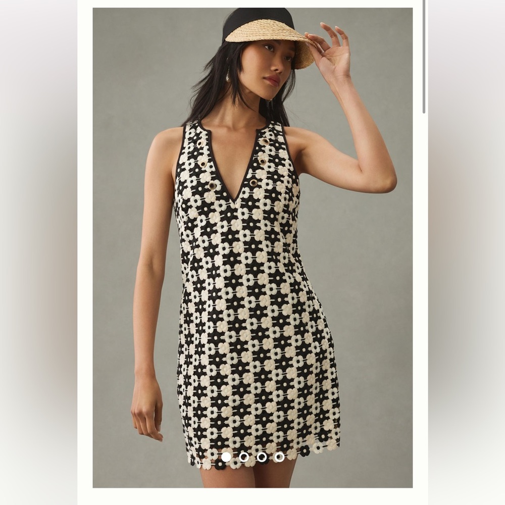 NWT Anthropologie Maeve V-Neck Crochet Shift Dress Black & White Size Small